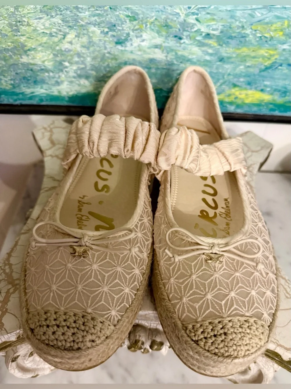 Circus NY Women's Cream Lace Espadrille Platform Flats with Bow